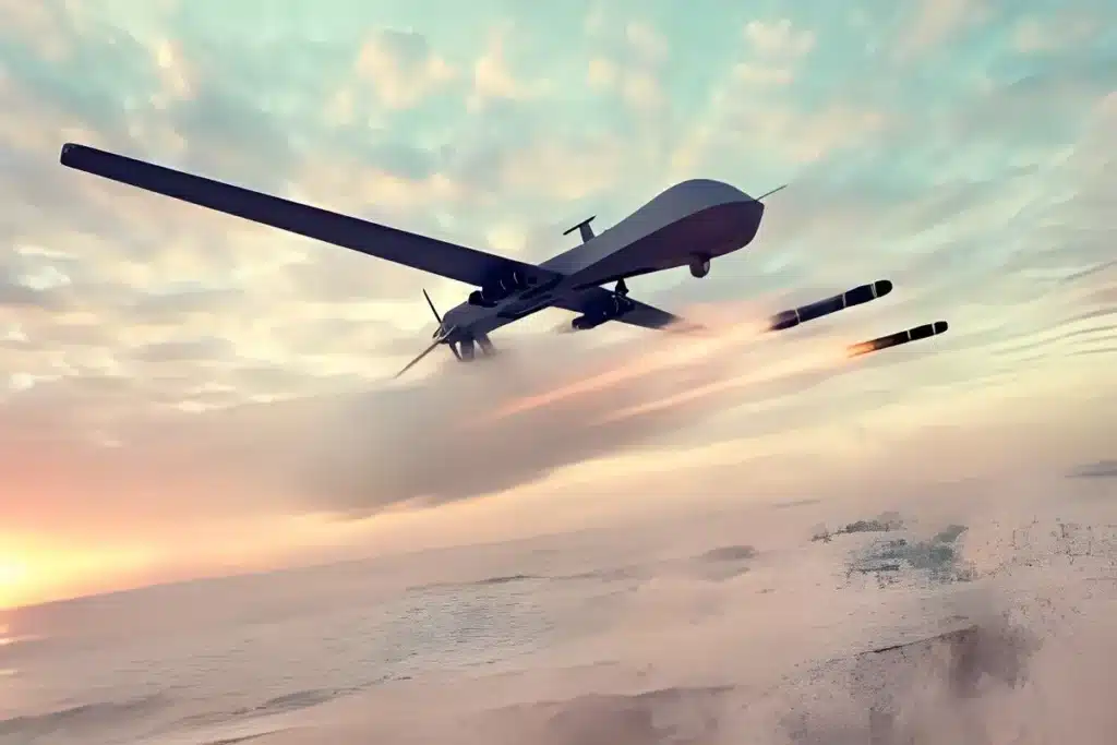 Military drone soaring through the sky, showcasing its remarkable flight range