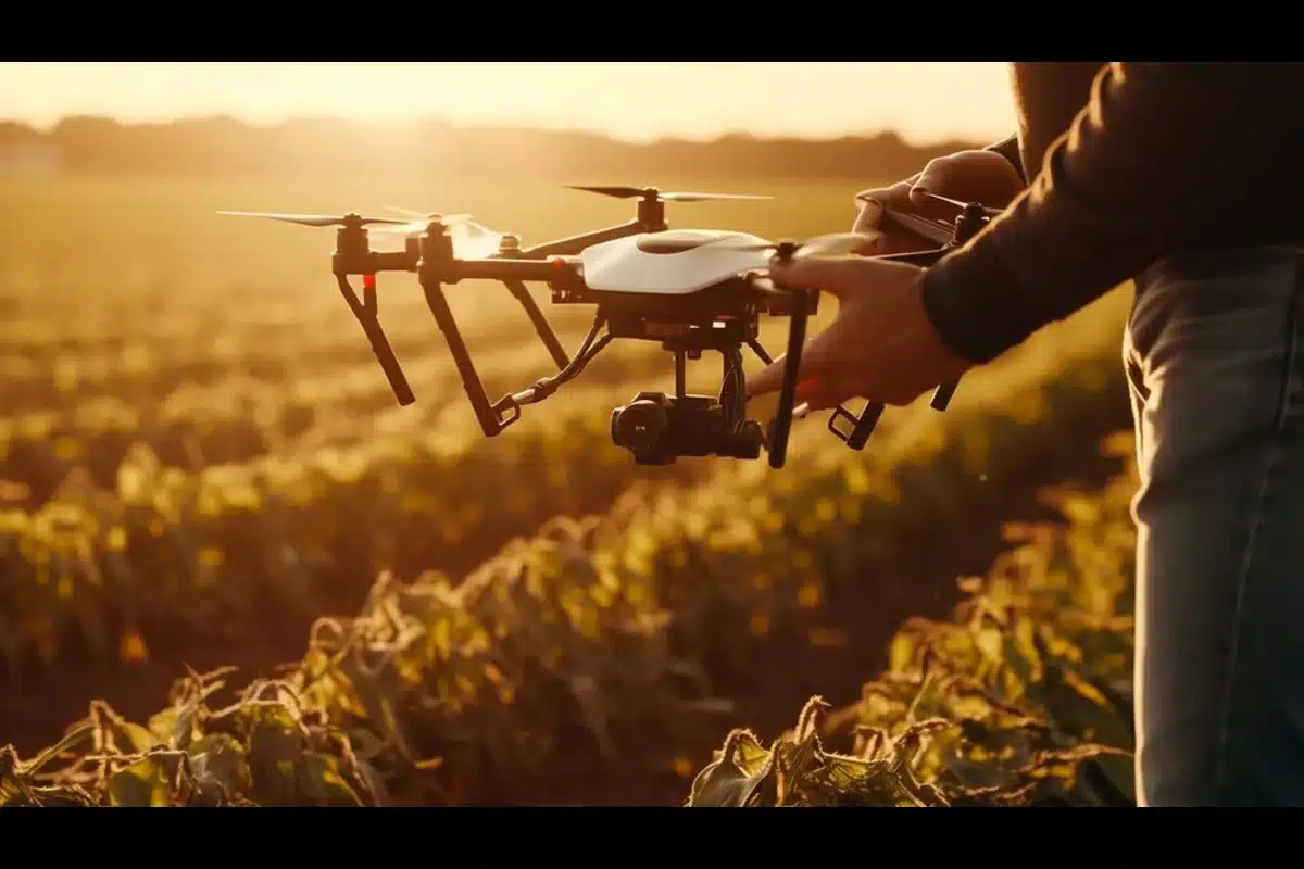 An agriculture drone surveying fields, demonstrating its role in modern farming practices