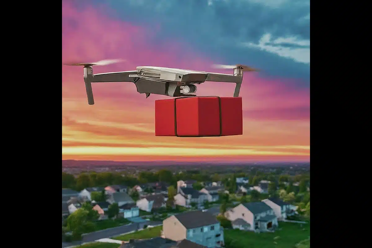 A helpful business drone in action, doing various tasks like surveys and deliveries to make work easier.