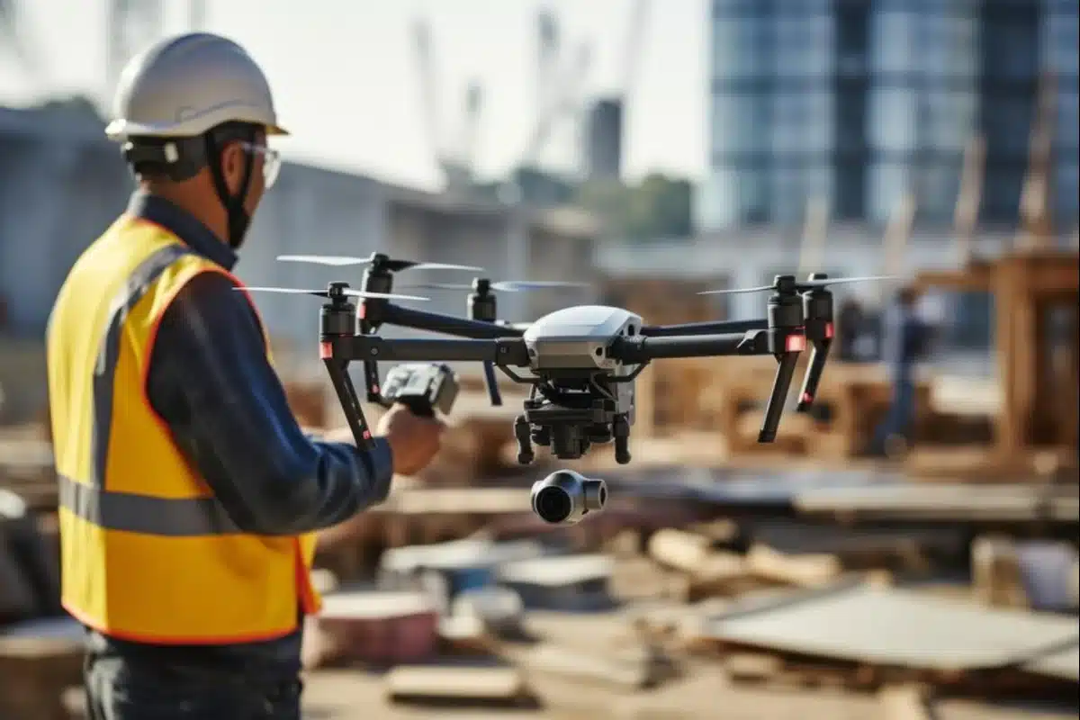 Construction drone monitoring a site, showcasing its role in enhancing efficiency and safety in construction projects.
