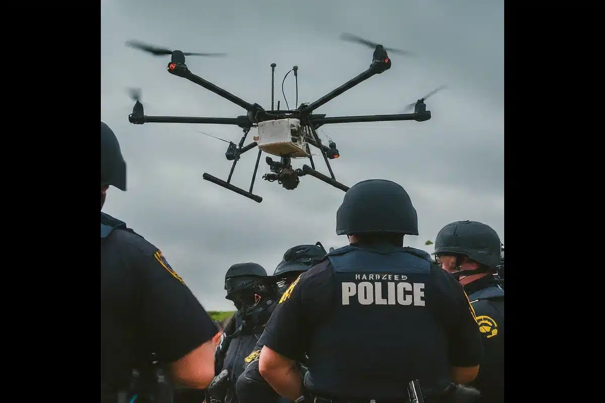 Law enforcement drone contributing to police operations.