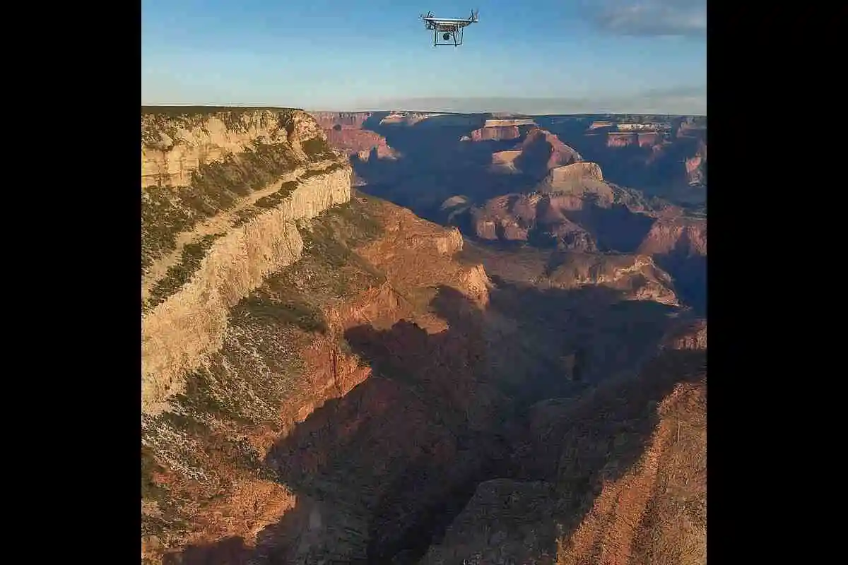 Flying drones in national parks" - A drone soaring above a picturesque national park scenery.
